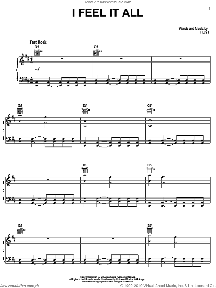I Feel It All sheet music for voice, piano or guitar by Leslie Feist, intermediate skill level