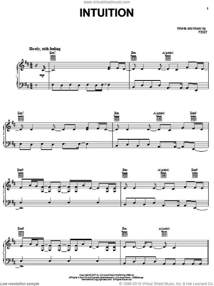 Intuition sheet music for voice, piano or guitar by Leslie Feist, intermediate skill level