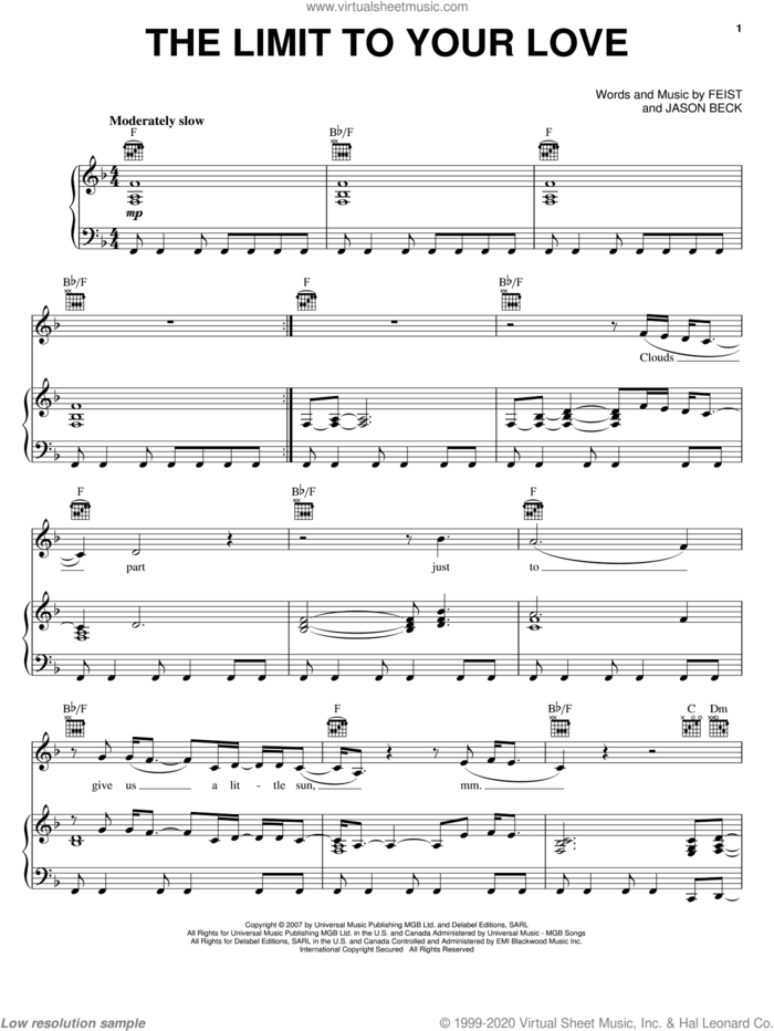 The Limit To Your Love sheet music for voice, piano or guitar by Leslie Feist and Jason Beck, intermediate skill level