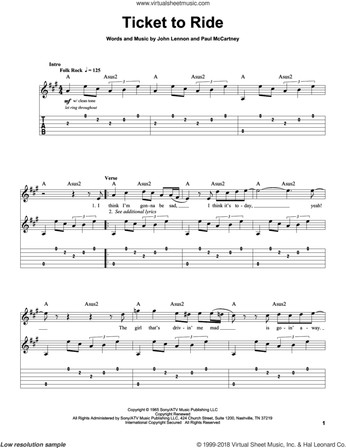 Ticket To Ride sheet music for guitar (tablature, play-along) by The Beatles, John Lennon and Paul McCartney, intermediate skill level