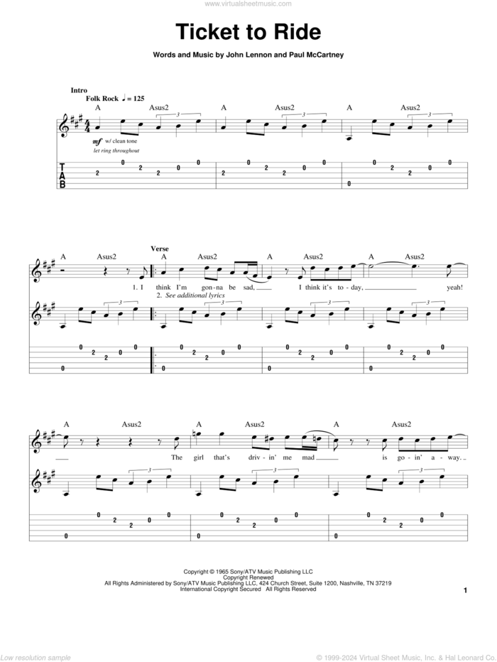 Ticket To Ride sheet music for guitar (tablature, play-along) by The Beatles, John Lennon and Paul McCartney, intermediate skill level