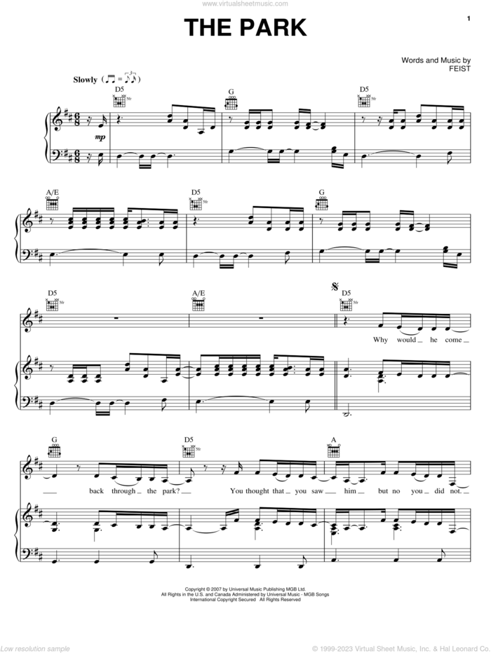 The Park sheet music for voice, piano or guitar by Leslie Feist, intermediate skill level