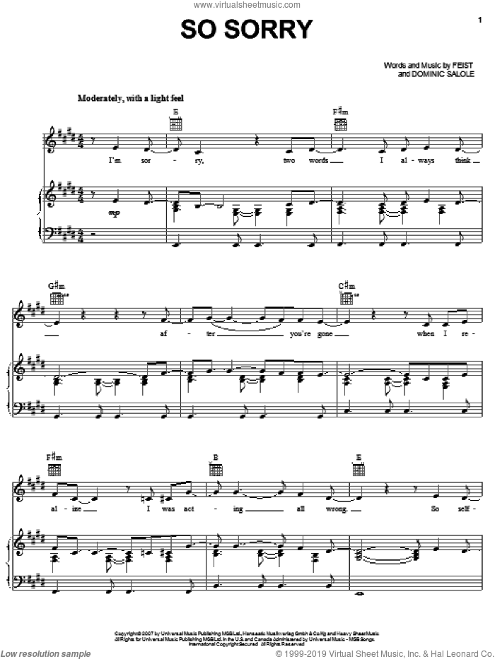 So Sorry sheet music for voice, piano or guitar by Leslie Feist and Dominic Salole, intermediate skill level