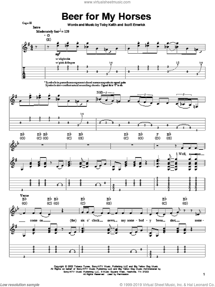 Beer For My Horses sheet music for guitar (tablature, play-along) by Toby Keith and Scotty Emerick, intermediate skill level