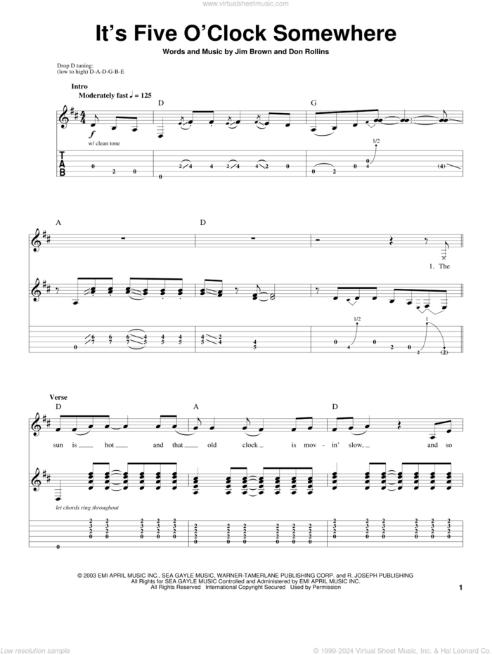 It's Five O'Clock Somewhere sheet music for guitar (tablature, play-along) by Alan Jackson & Jimmy Buffett, Alan Jackson, Jimmy Buffett, Don Rollins and Jim Brown, intermediate skill level