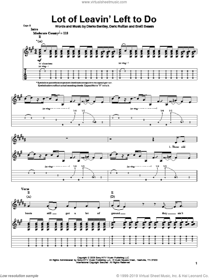 Lot Of Leavin' Left To Do sheet music for guitar (tablature, play-along) by Dierks Bentley, Brett Beavers and Deric Ruttan, intermediate skill level