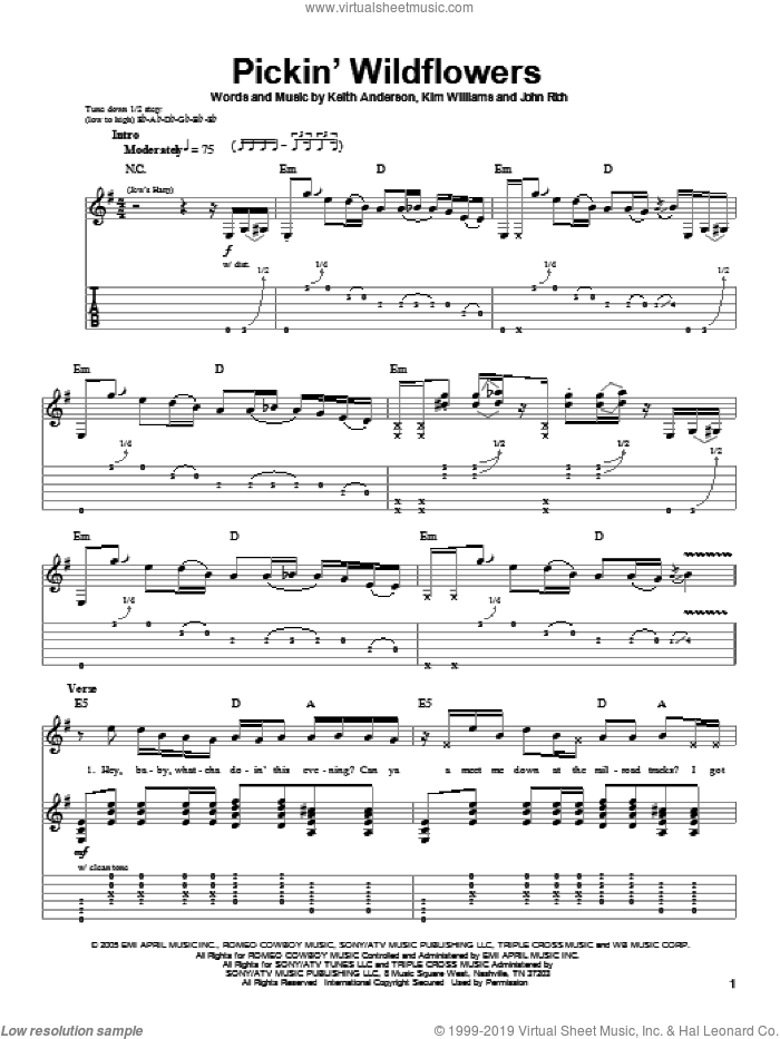 Pickin' Wildflowers sheet music for guitar (tablature, play-along) by Keith Anderson, John Rich and Kim Williams, intermediate skill level
