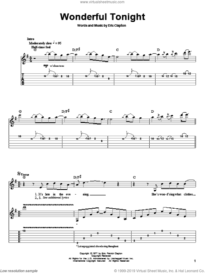 Wonderful Tonight sheet music for guitar (tablature, play-along) by Eric Clapton and David Kersh, wedding score, intermediate skill level