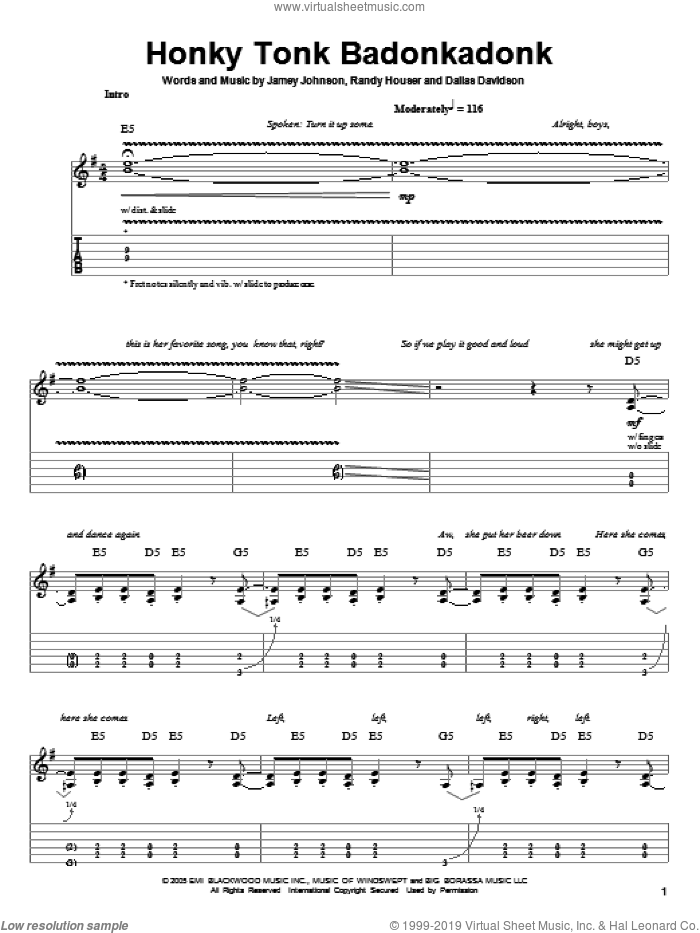 Honky Tonk Badonkadonk sheet music for guitar (tablature, play-along) by Trace Adkins, Dallas Davidson, Jamey Johnson and Randy Houser, intermediate skill level