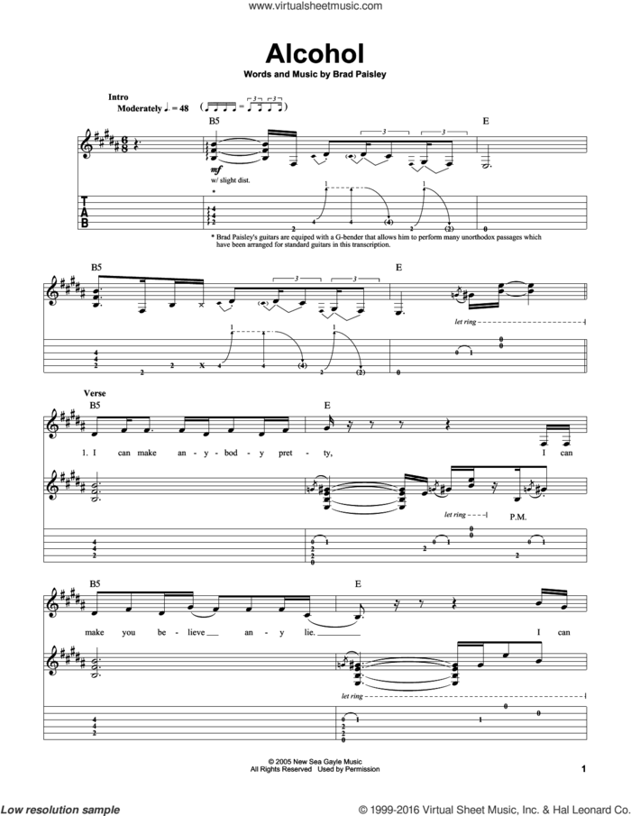 Alcohol sheet music for guitar (tablature, play-along) by Brad Paisley, intermediate skill level
