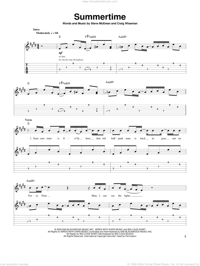 Summertime sheet music for guitar (tablature, play-along) by Kenny Chesney, Craig Wiseman and Steve McEwan, intermediate skill level