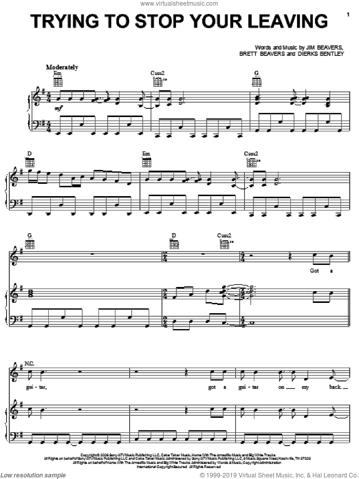 Trying To Stop Your Leaving sheet music for voice, piano or guitar by Dierks Bentley, Brett Beavers and Jim Beavers, intermediate skill level