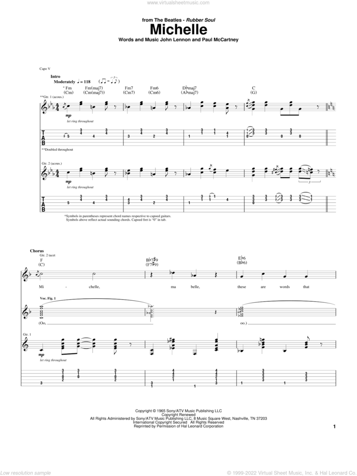 Michelle sheet music for guitar (tablature) by The Beatles, John Lennon and Paul McCartney, intermediate skill level