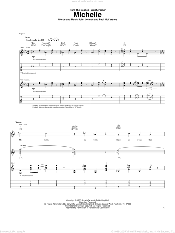 Michelle sheet music for guitar (tablature) by The Beatles, John Lennon and Paul McCartney, intermediate skill level