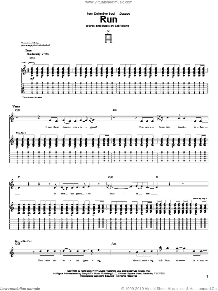 Run sheet music for guitar (tablature) by Collective Soul and Ed Roland, intermediate skill level