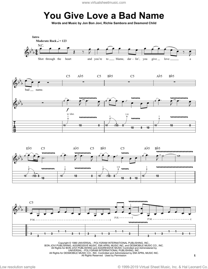 You Give Love A Bad Name sheet music for guitar (tablature, play-along) by Bon Jovi, Desmond Child and Richie Sambora, intermediate skill level