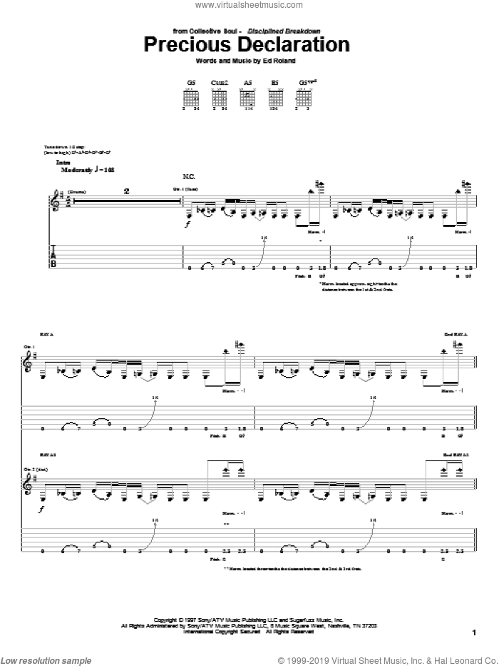 Precious Declaration sheet music for guitar (tablature) by Collective Soul and Ed Roland, intermediate skill level