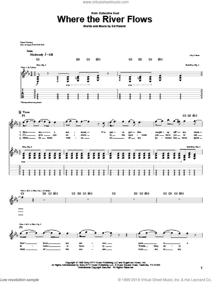 Where The River Flows sheet music for guitar (tablature) by Collective Soul and Ed Roland, intermediate skill level