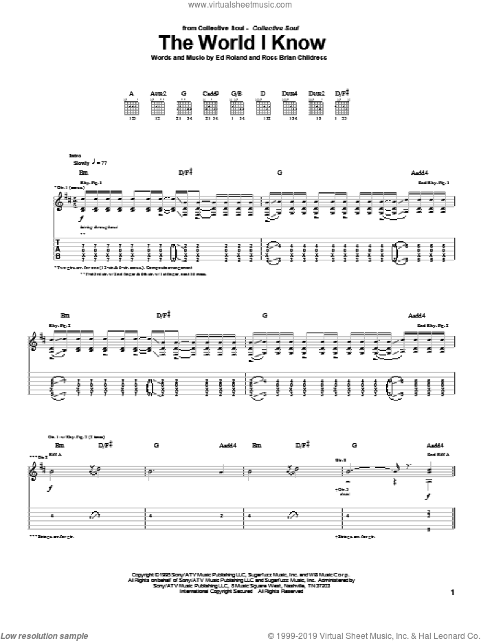 The World I Know sheet music for guitar (tablature) by Collective Soul, Ed Roland and Ross Childress, intermediate skill level