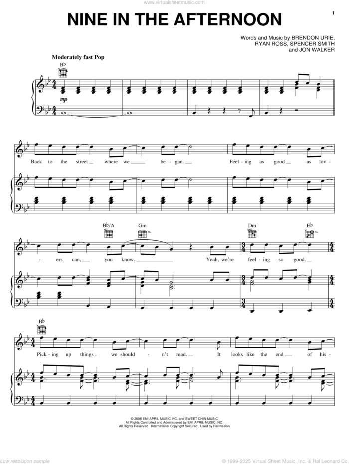 Nine In The Afternoon sheet music for voice, piano or guitar by Panic At The Disco, Brendon Urie, Jon Walker, Ryan Ross and Spencer Smith, intermediate skill level