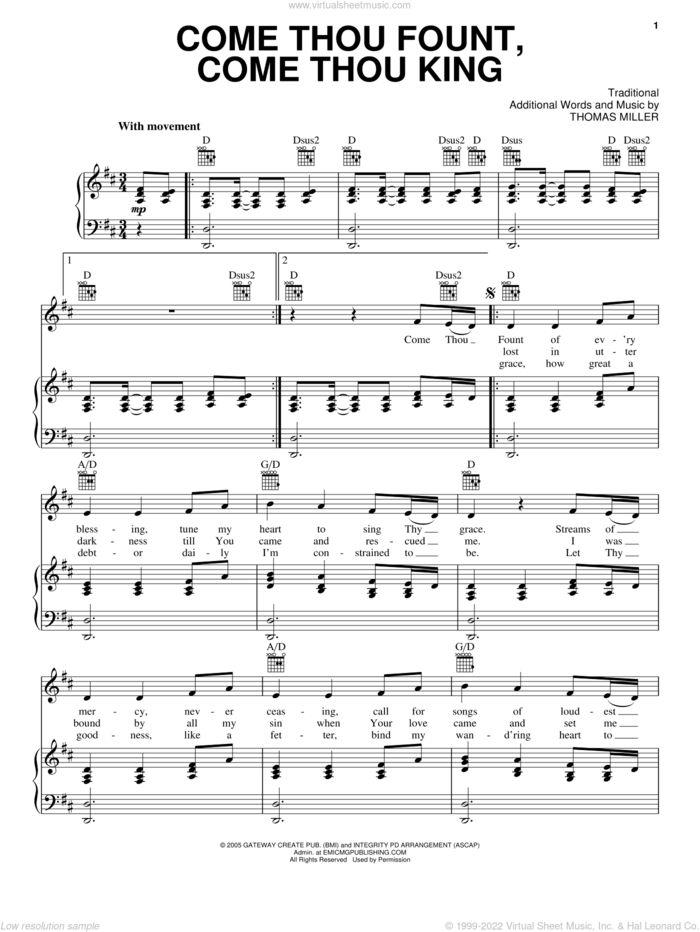 Come Thou Fount, Come Thou King sheet music for voice, piano or guitar by Gateway Worship, Miscellaneous and Thomas Miller, intermediate skill level