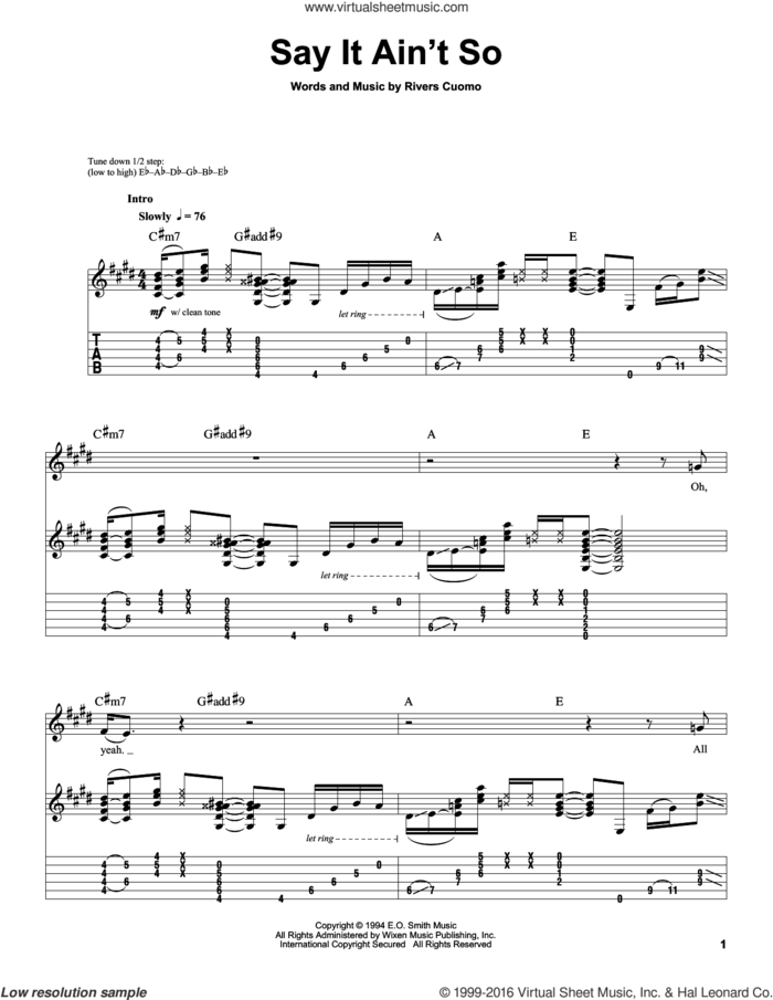Say It Ain't So sheet music for guitar (tablature, play-along) by Weezer and Rivers Cuomo, intermediate skill level
