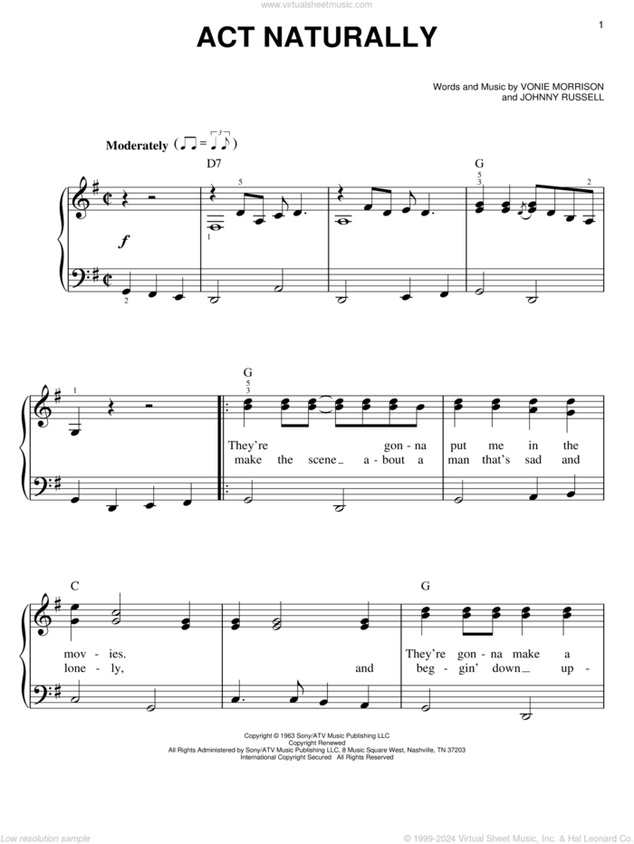 Act Naturally sheet music for piano solo by Buck Owens, The Beatles, Johnny Russell and Vonie Morrison, easy skill level