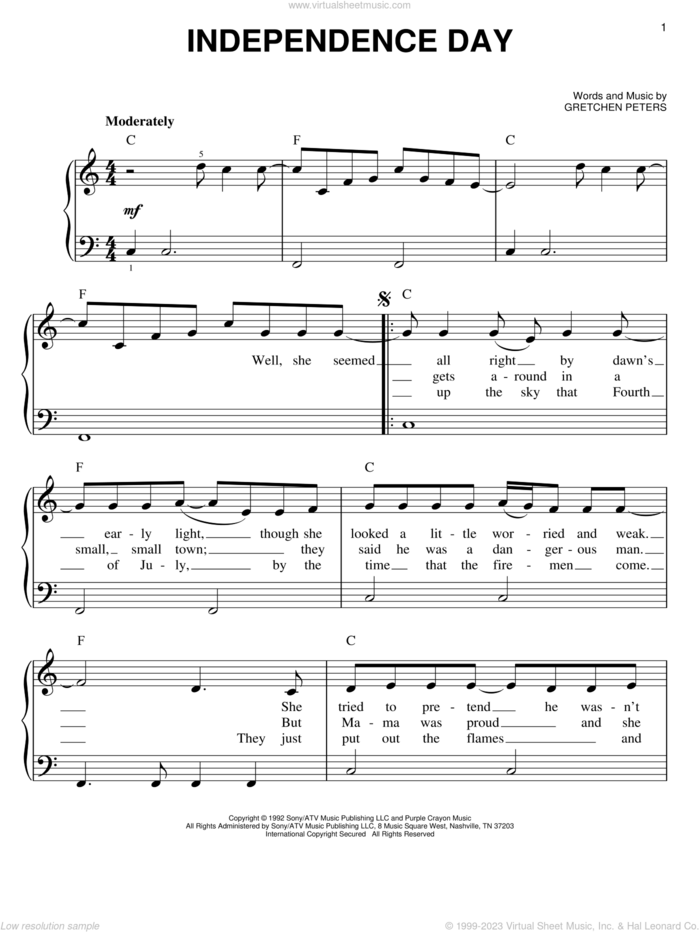 Independence Day sheet music for piano solo by Martina McBride and Gretchen Peters, easy skill level