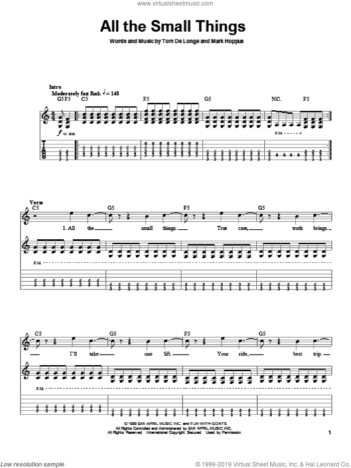 All The Small Things sheet music for guitar (tablature, play-along) by Blink-182, Mark Hoppus and Tom DeLonge, intermediate skill level