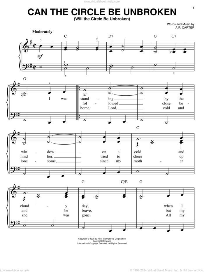 Can The Circle Be Unbroken (Will The Circle Be Unbroken) sheet music for piano solo by The Carter Family and A.P. Carter, easy skill level