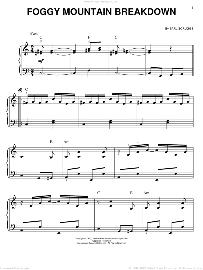 Foggy Mountain Breakdown sheet music for piano solo by Flatt & Scruggs, Lester Flatt and Earl Scruggs, easy skill level