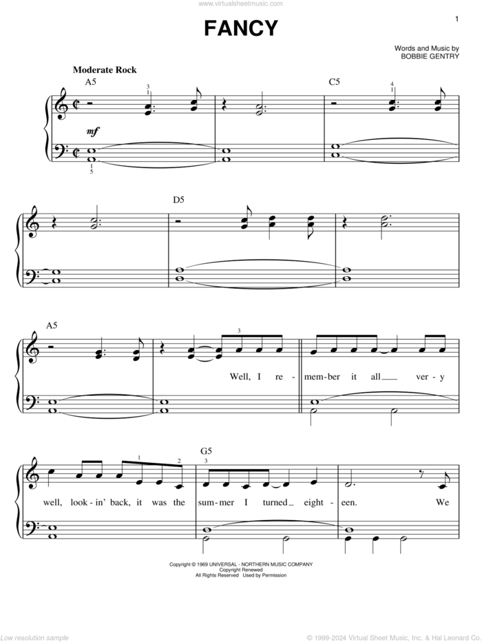 Fancy sheet music for piano solo by Reba McEntire and Bobbie Gentry, easy skill level