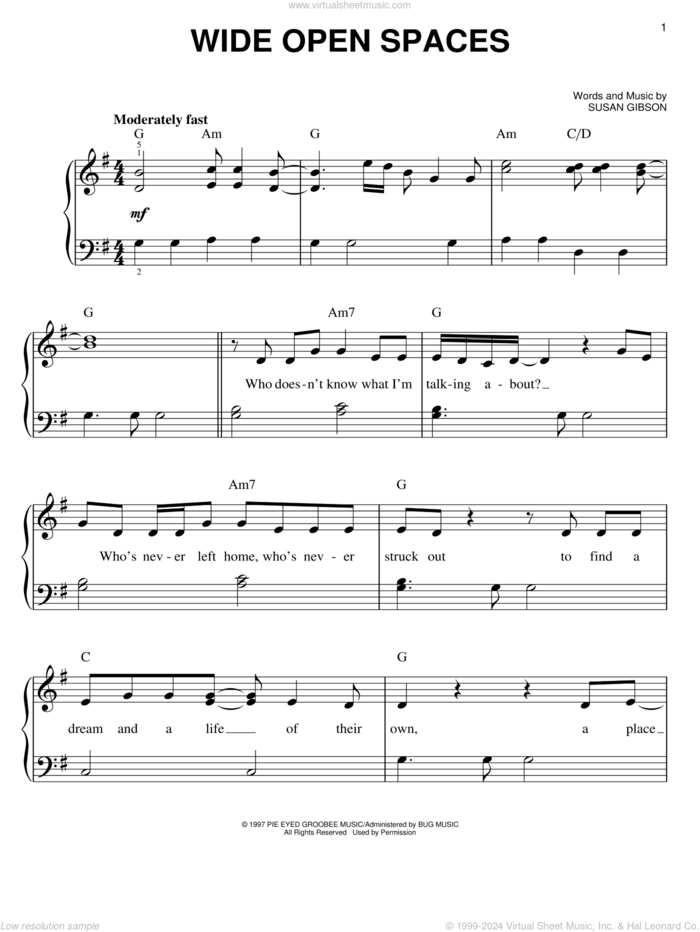 Wide Open Spaces sheet music for piano solo by The Chicks, Dixie Chicks and Susan Gibson, easy skill level