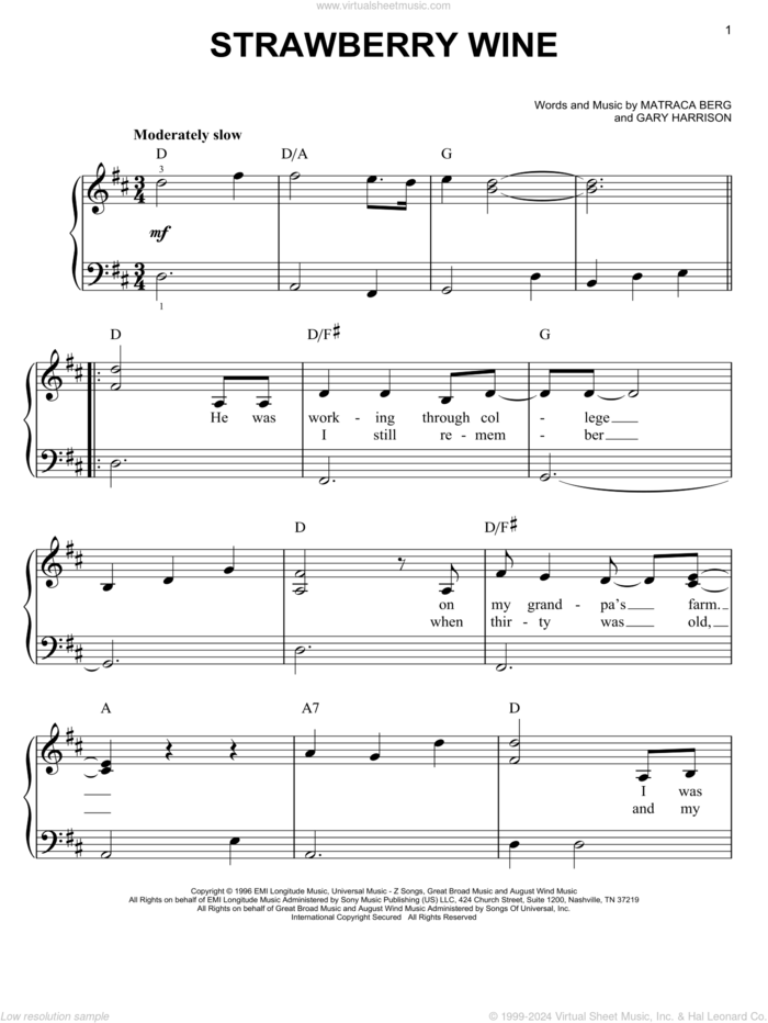 Strawberry Wine, (easy) sheet music for piano solo by Deana Carter, Gary Harrison and Matraca Berg, easy skill level