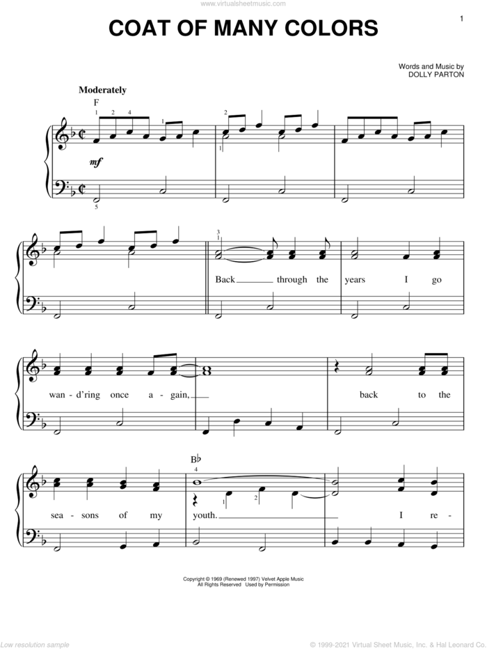 Coat Of Many Colors, (easy) sheet music for piano solo by Dolly Parton, easy skill level