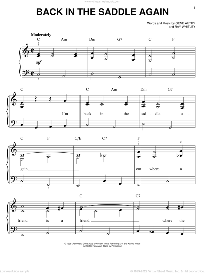Back In The Saddle Again sheet music for piano solo by Gene Autry and Ray Whitley, easy skill level