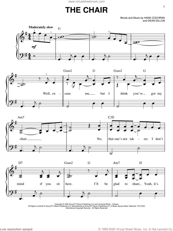 The Chair sheet music for piano solo by George Strait, Dean Dillon and Hank Cochran, easy skill level