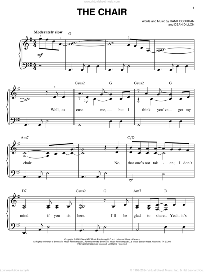 The Chair sheet music for piano solo by George Strait, Dean Dillon and Hank Cochran, easy skill level