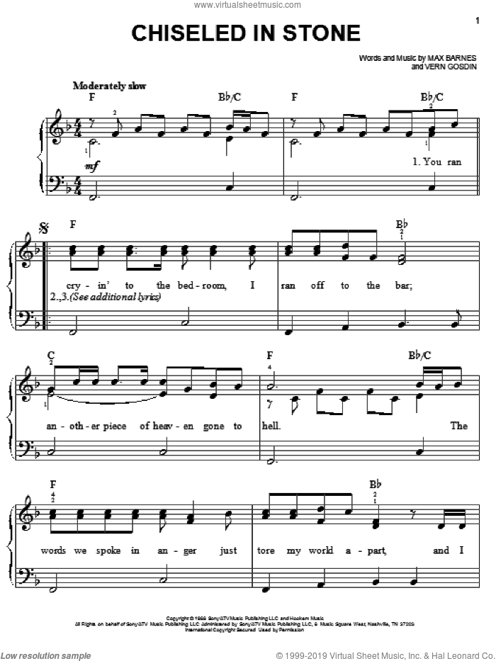 Chiseled In Stone sheet music for piano solo by Vern Gosdin and Max Barnes, easy skill level