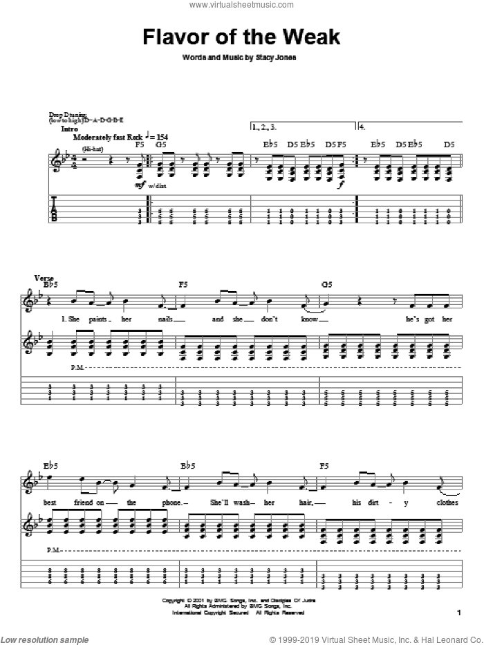 Flavor Of The Weak sheet music for guitar (tablature, play-along) by American Hi-Fi and Stacy Jones, intermediate skill level
