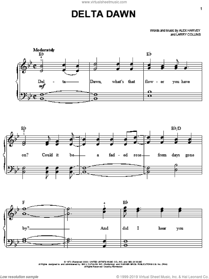 Delta Dawn sheet music for piano solo by Tanya Tucker, Helen Reddy, Alex Harvey and Larry Collins, easy skill level