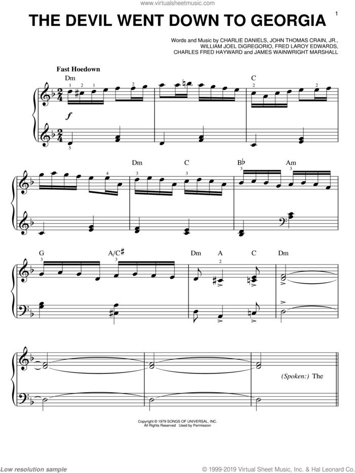 The Devil Went Down To Georgia sheet music for piano solo by Charlie Daniels Band, Charles Fred Hayward, Charlie Daniels, Fred Laroy Edwards, James Wainwright Marshall, John Thomas Crain, Jr. and William Joel DiGregorio, easy skill level