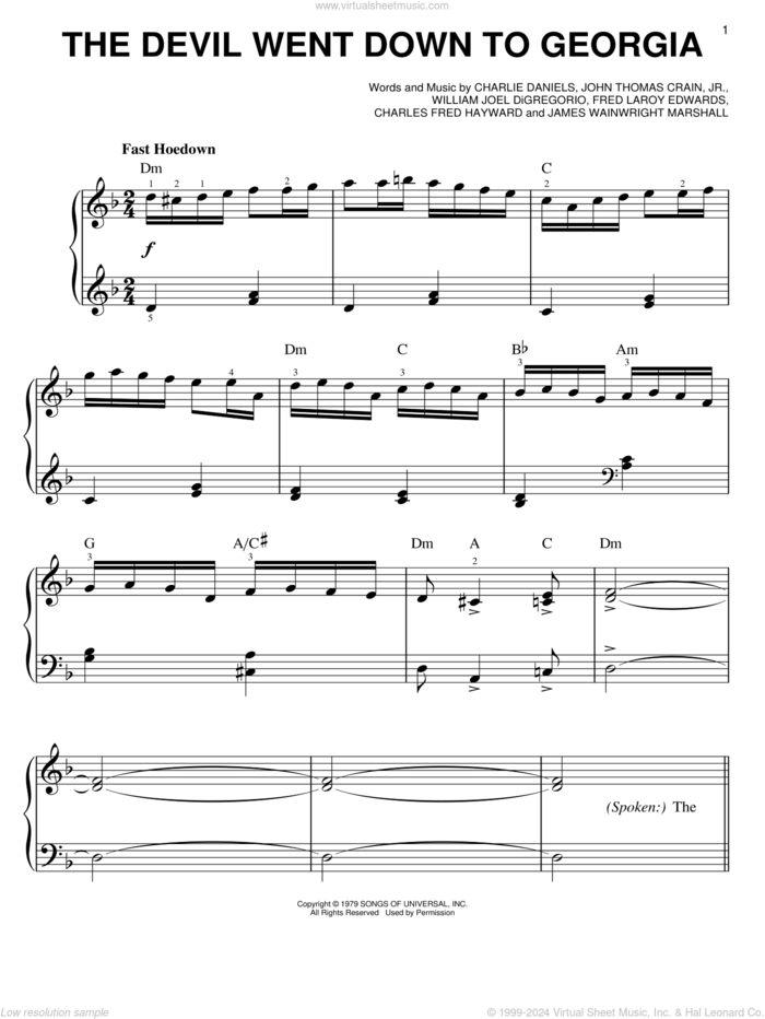 The Devil Went Down To Georgia sheet music for piano solo by Charlie Daniels Band, Charles Fred Hayward, Charlie Daniels, Fred Laroy Edwards, James Wainwright Marshall, John Thomas Crain, Jr. and William Joel DiGregorio, easy skill level