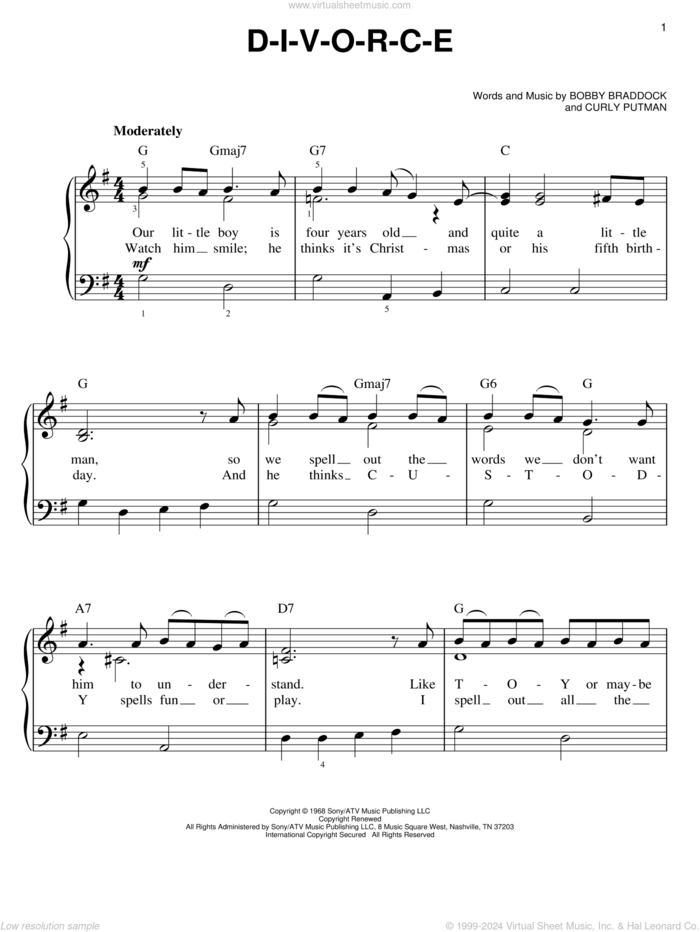 D-I-V-O-R-C-E sheet music for piano solo by Tammy Wynette, Bobby Braddock and Curly Putman, easy skill level