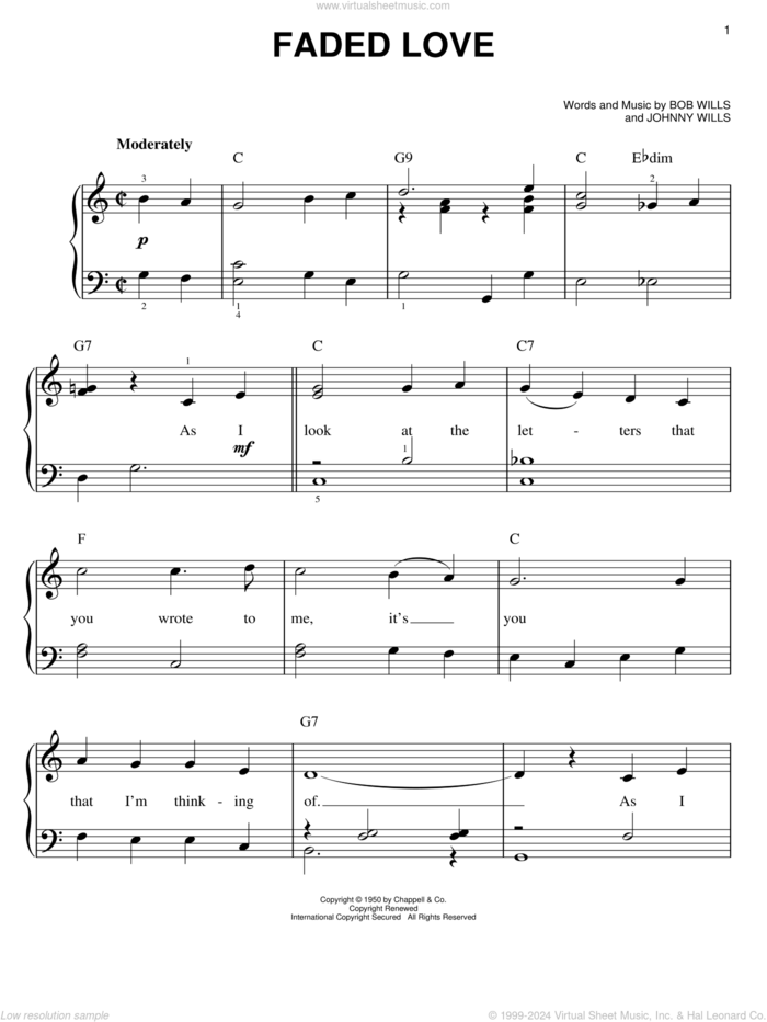 Faded Love sheet music for piano solo by Bob Wills, Patsy Cline and Johnny Wills, easy skill level