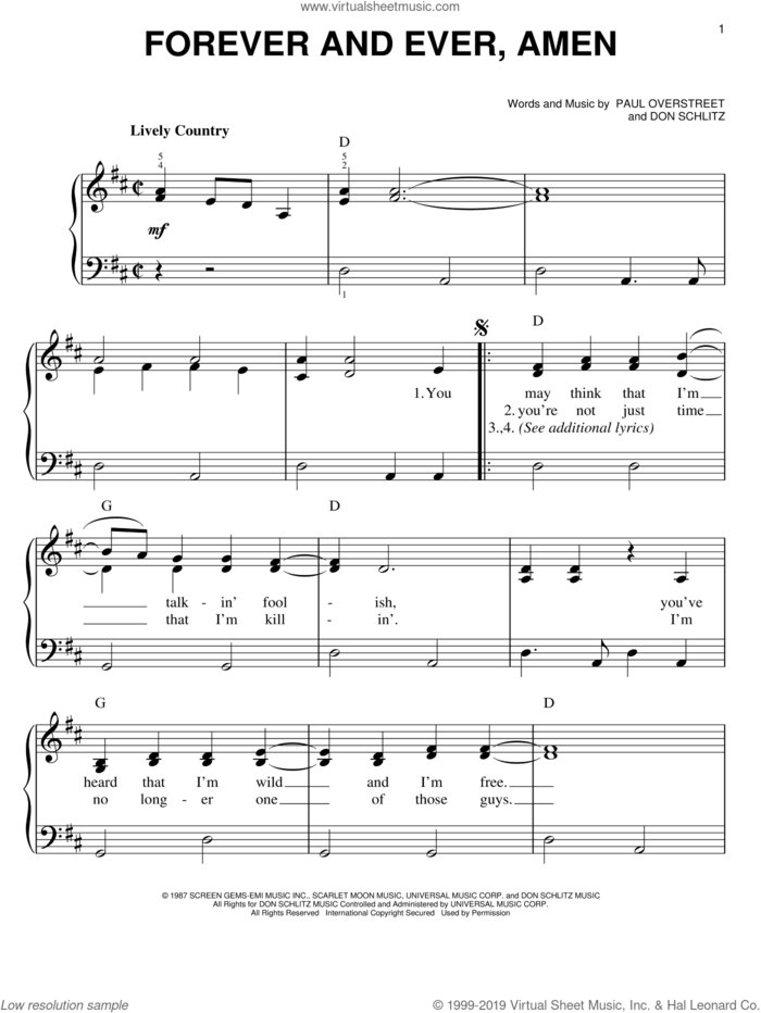 Forever And Ever, Amen, (beginner) sheet music for piano solo by Randy Travis, Don Schlitz and Paul Overstreet, wedding score, beginner skill level