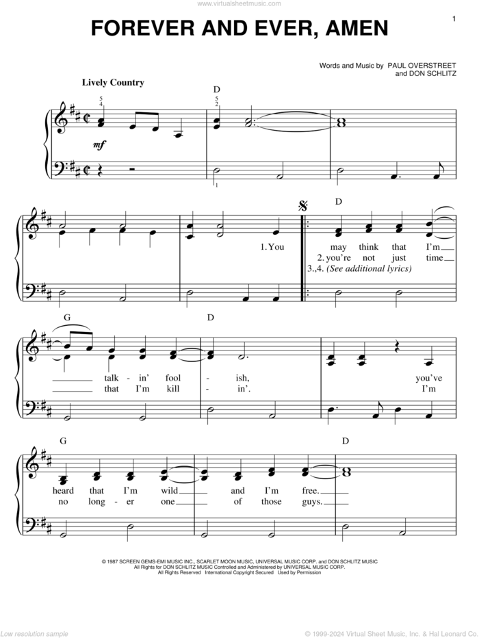 Forever And Ever, Amen, (beginner) sheet music for piano solo by Randy Travis, Don Schlitz and Paul Overstreet, wedding score, beginner skill level