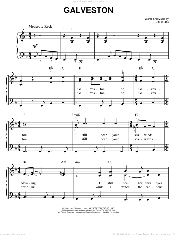 Galveston, (easy) sheet music for piano solo by Glen Campbell and Jim Webb, easy skill level