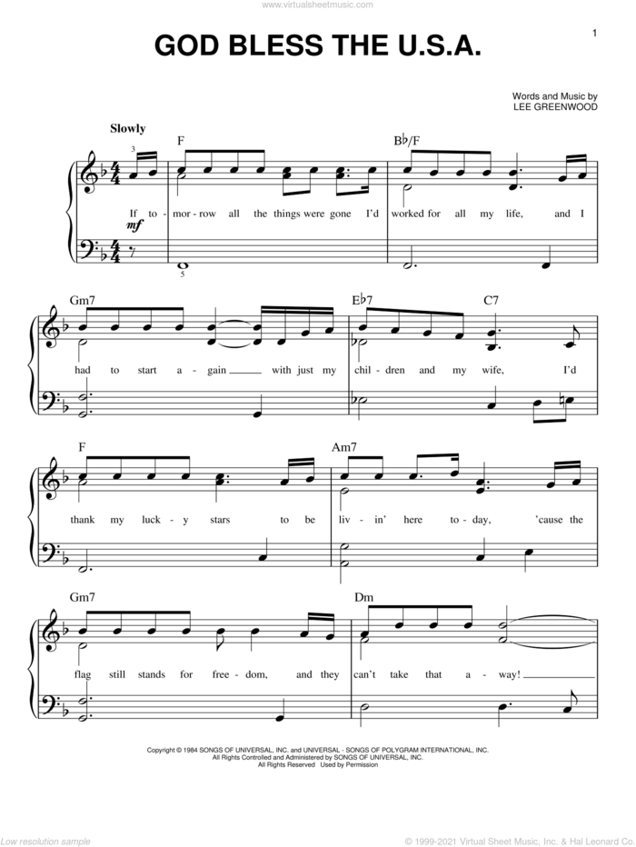 God Bless The U.S.A., (easy) sheet music for piano solo by Lee Greenwood, easy skill level