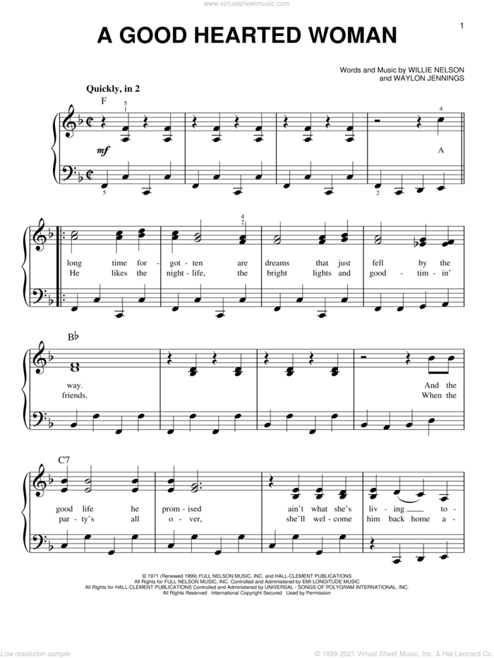 A Good Hearted Woman, (easy) sheet music for piano solo by Willie Nelson and Waylon Jennings, easy skill level
